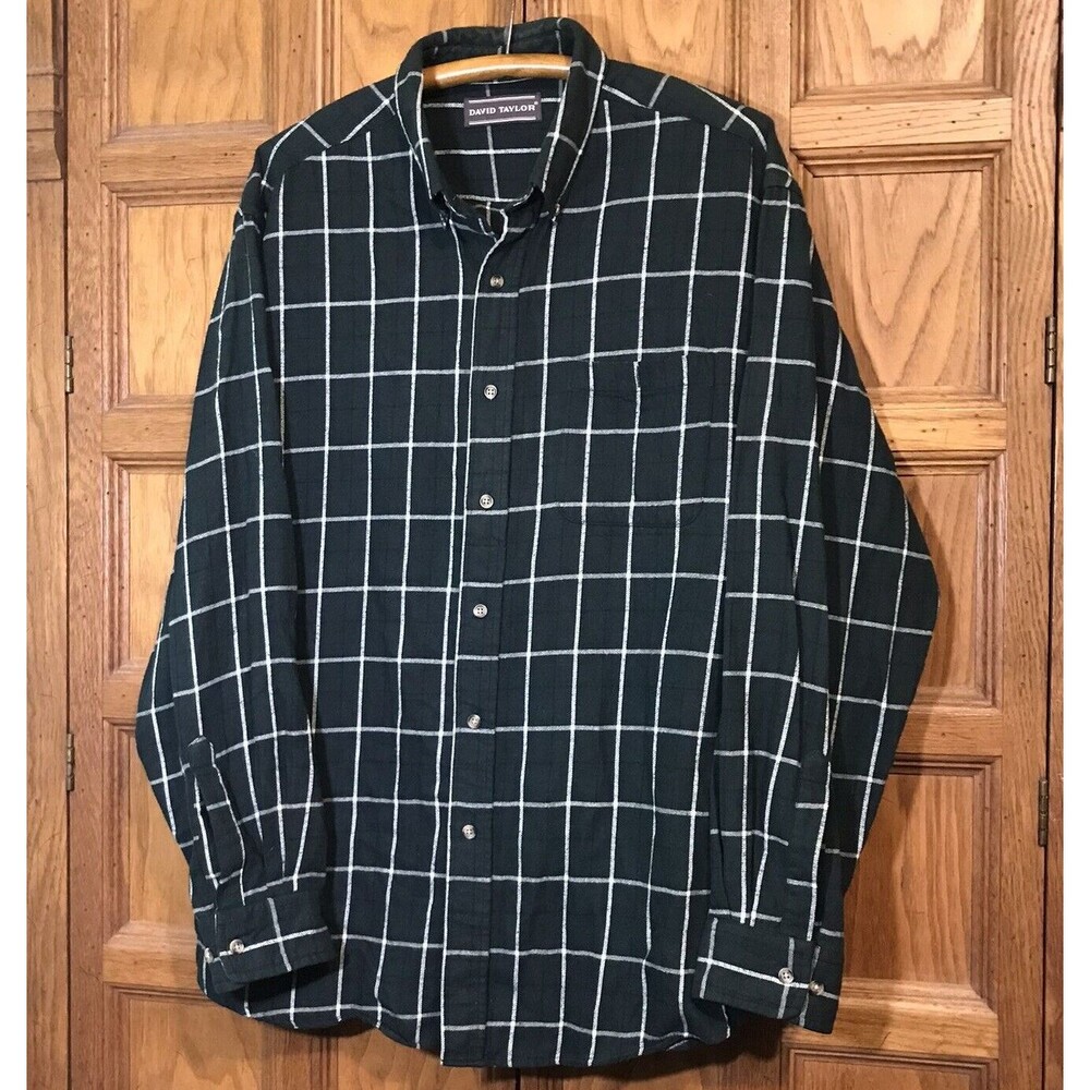 David Taylor Green Plaid Cotton Shirt Men's size XL Long Sleeve Button Down Top - Picture 2 of 11